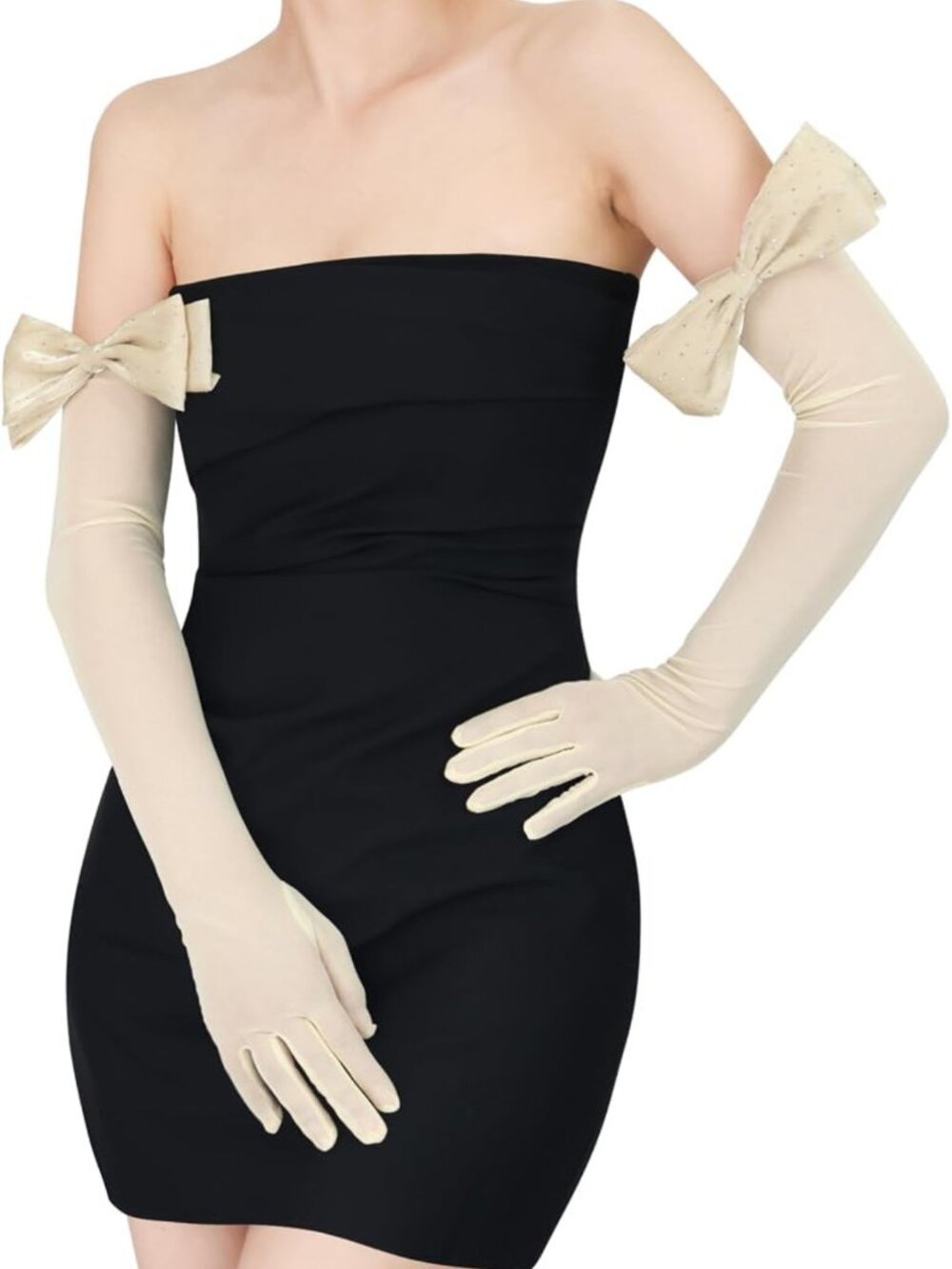 Elegant Long Sheer Mesh Tulle Opera Gloves with Bow - Women's Stretchy Fashion